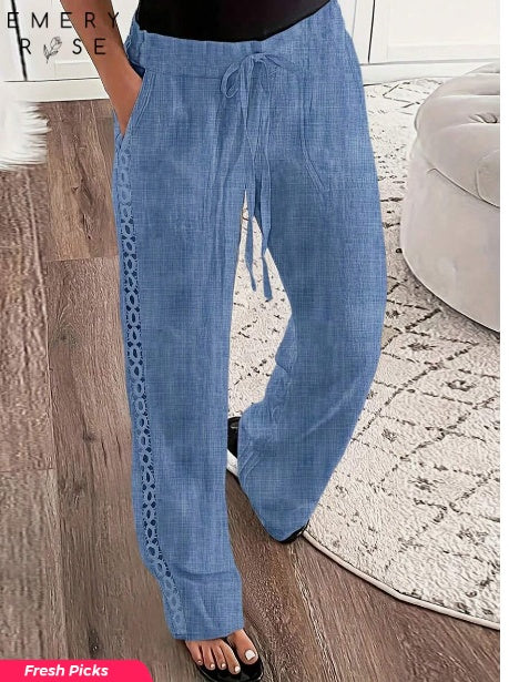 Lightweight Denim-Look Pants with Lace Accents for Women | Pants