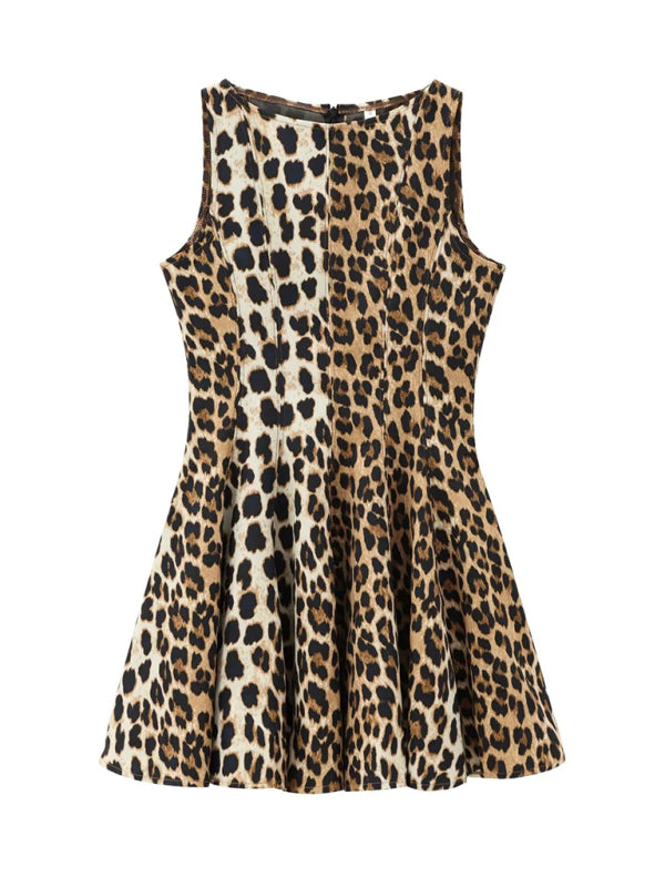 Boat Neck Animal Print Short Dress for Women