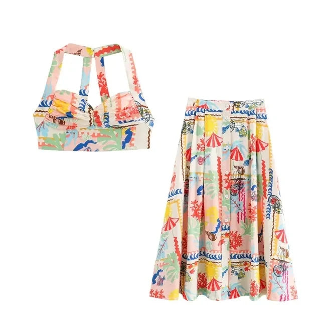 Colorful Beach Outfit: Halter Top &amp; Midi Skirt | Skirt Sets