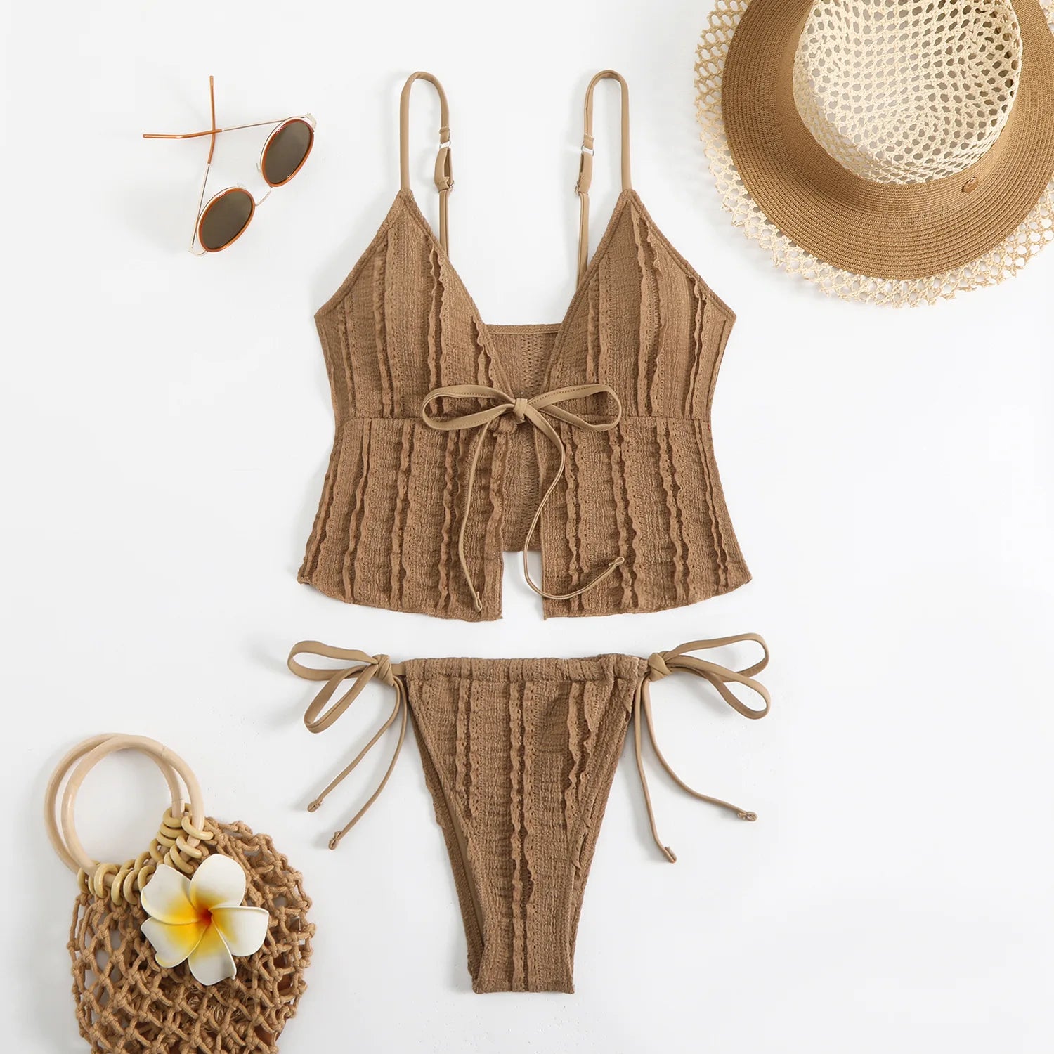 Ribbed Lace-Accent Tankini Swimwear for Beach Days