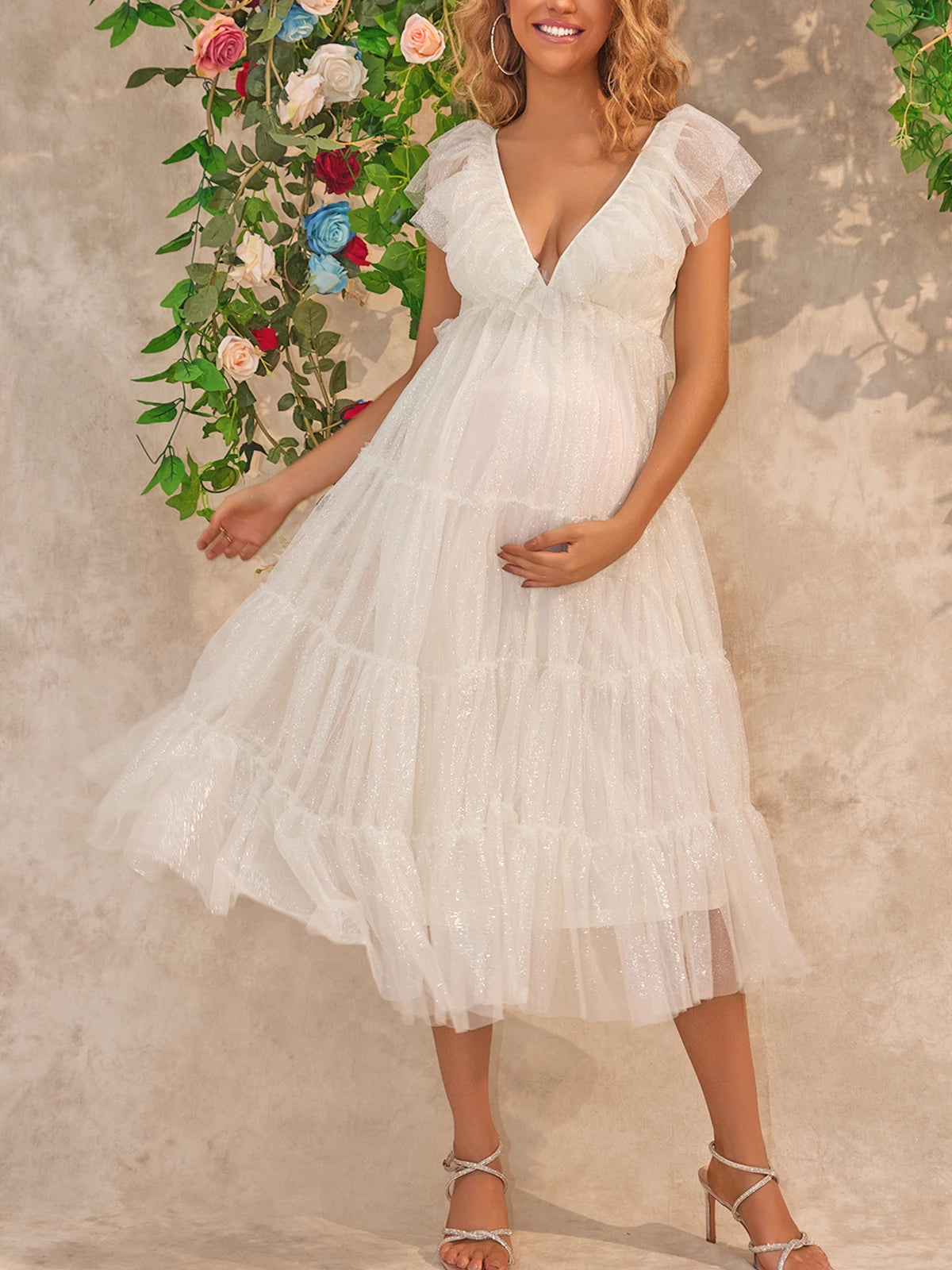 Glittery Pregnancy Tulle Dress with Tiered Design