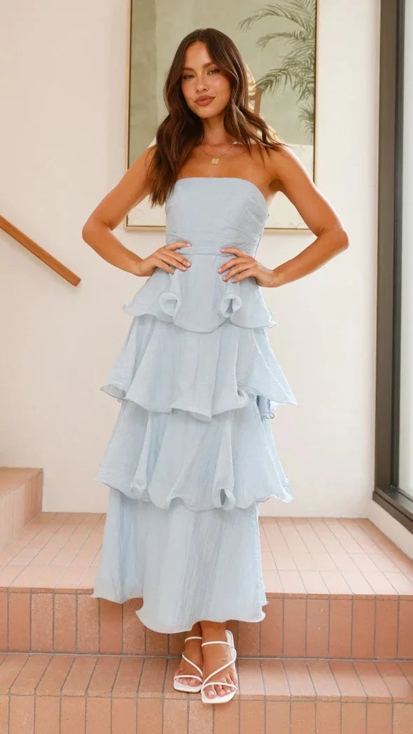 Bridal Shower Light Blue Flowy Tiered Dress in Chiffon