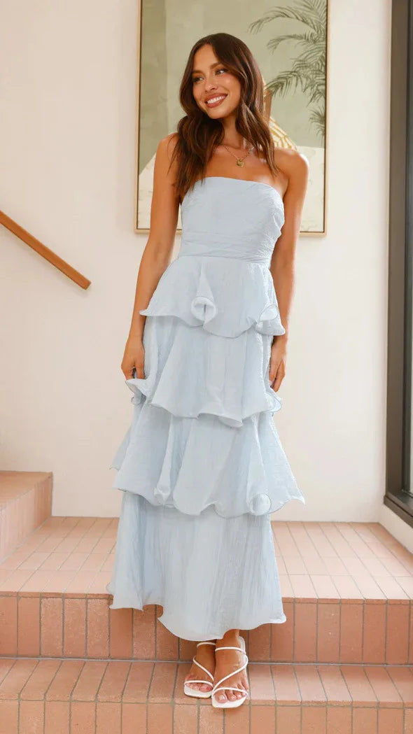 Bridal Shower Light Blue Flowy Tiered Dress in Chiffon | Elegant Dresses