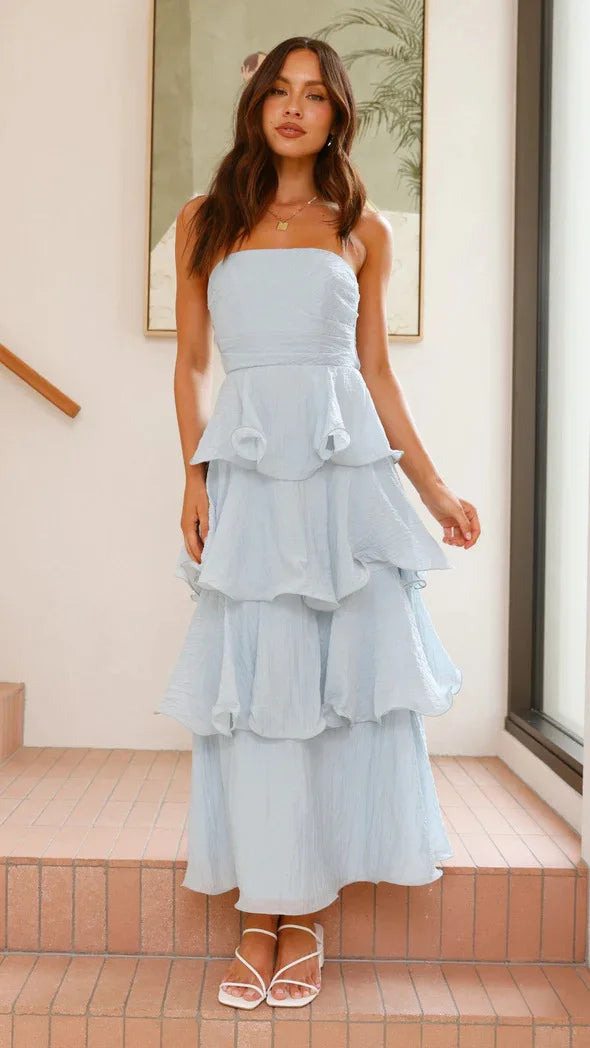 Bridal Shower Light Blue Flowy Tiered Dress in Chiffon | Elegant Dresses