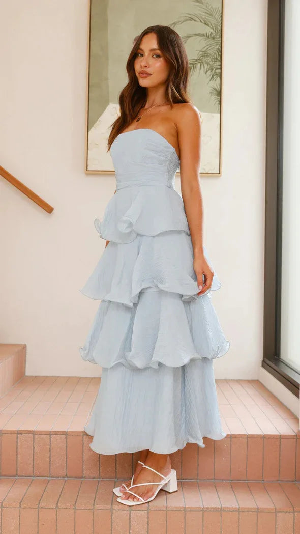 Bridal Shower Light Blue Flowy Tiered Dress in Chiffon | Elegant Dresses