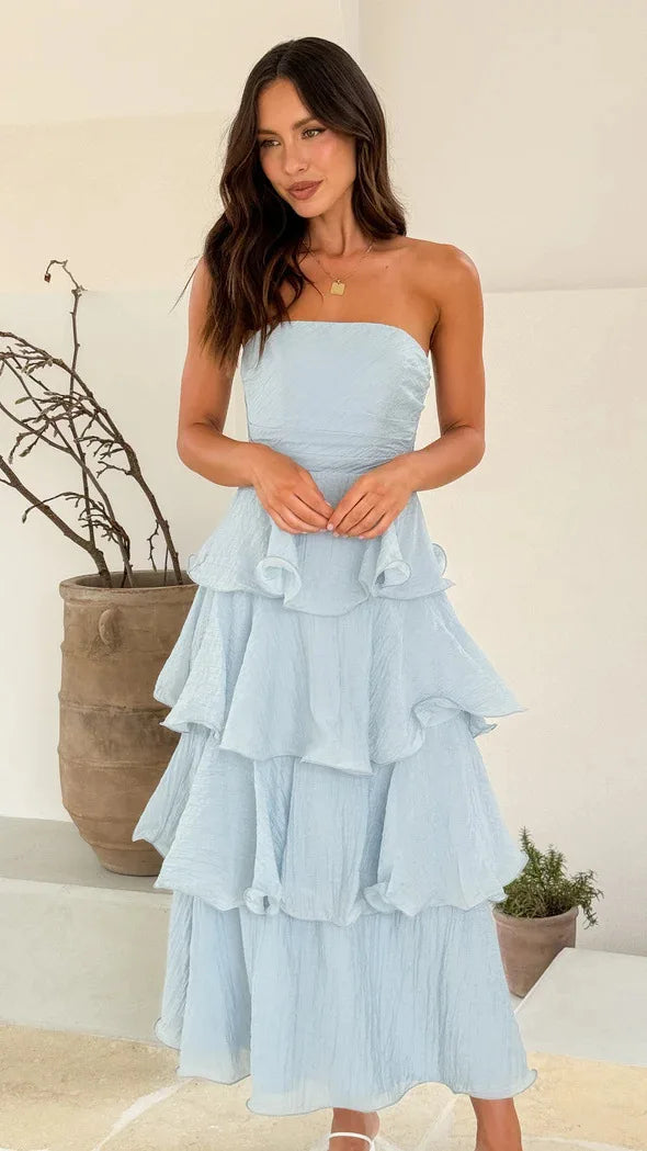 Bridal Shower Light Blue Flowy Tiered Dress in Chiffon | Elegant Dresses