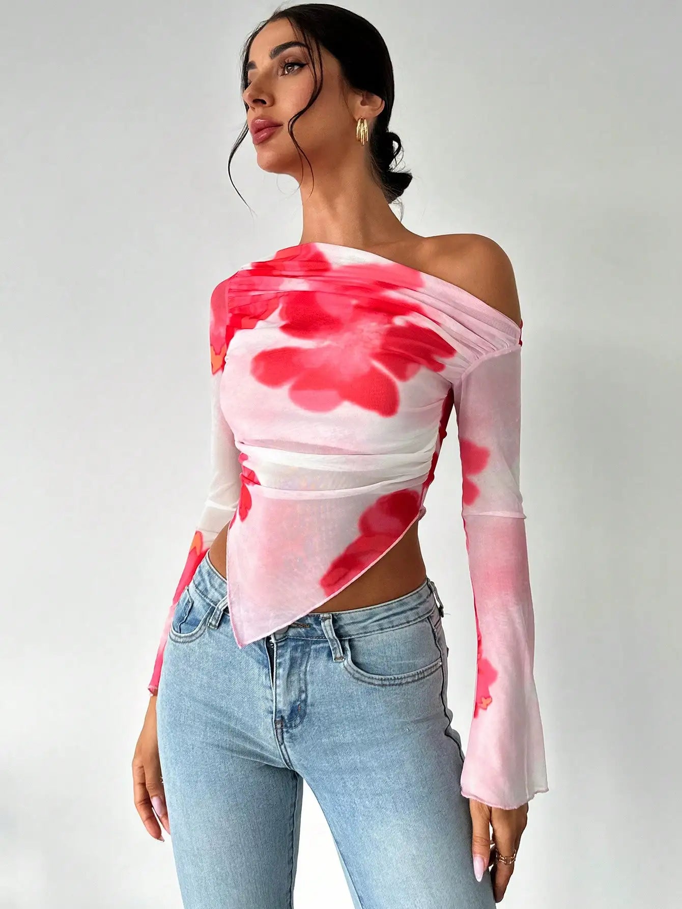 Trendy Asymmetrical Floral Blouse in Chiffon