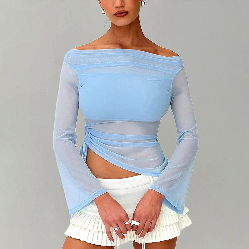 Blue Asymmetrical Mesh Blouse for Every Occasion