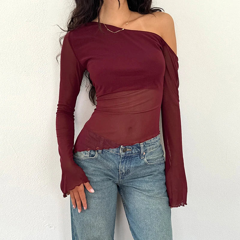 Asymmetrical Blouse with Lined Bust | Mesh Tops