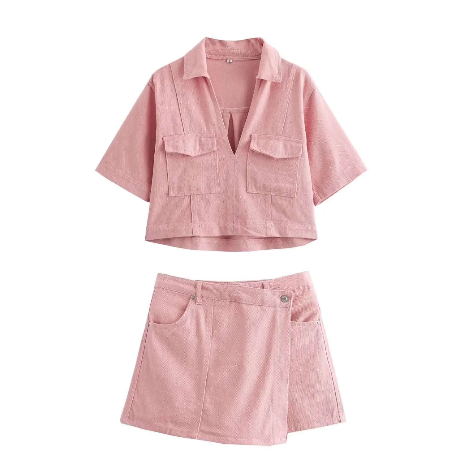 Women's Casual Denim-Style Outfit Set with Shirt and Skirt | Shorts Sets