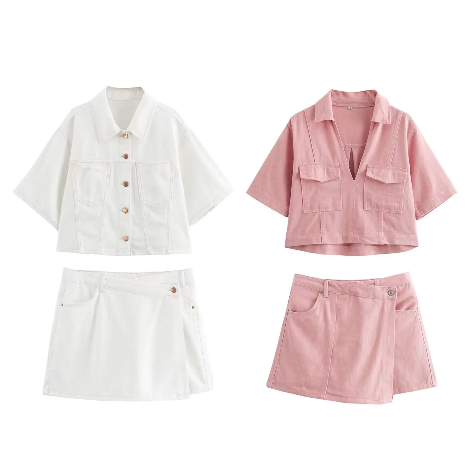 Women's Casual Denim-Style Outfit Set with Shirt and Skirt | Shorts Sets