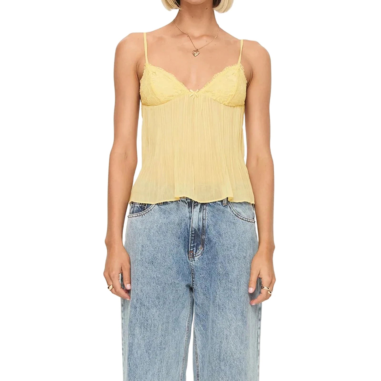 Lace-Accented Yellow Camisole Top - Ideal for Casual Days | Cami Tops