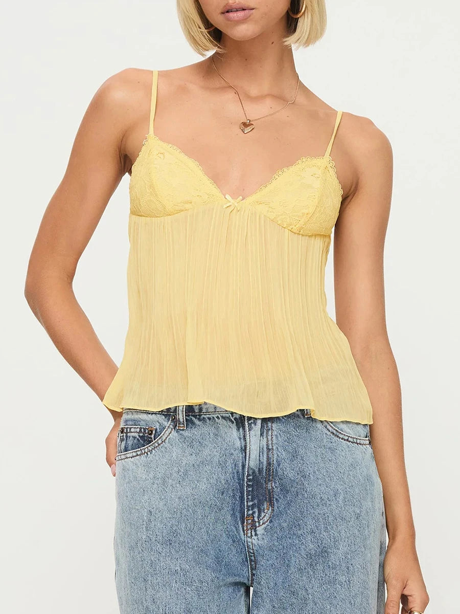 Lace-Accented Yellow Camisole Top - Ideal for Casual Days | Cami Tops