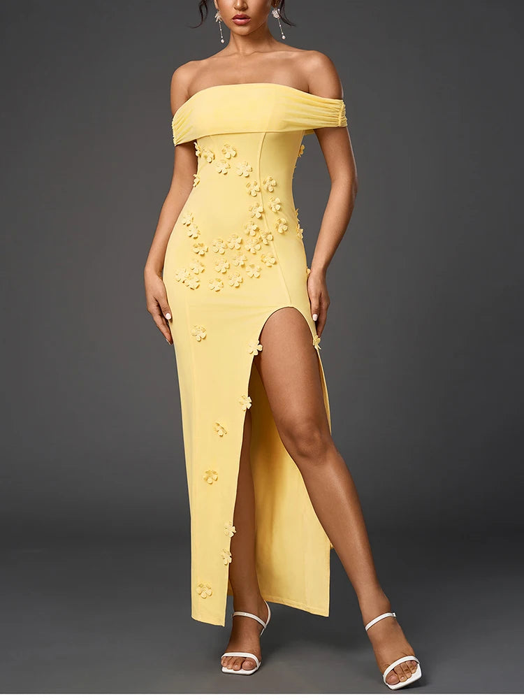 Yellow Gown with Floral Appliques and Side Slit