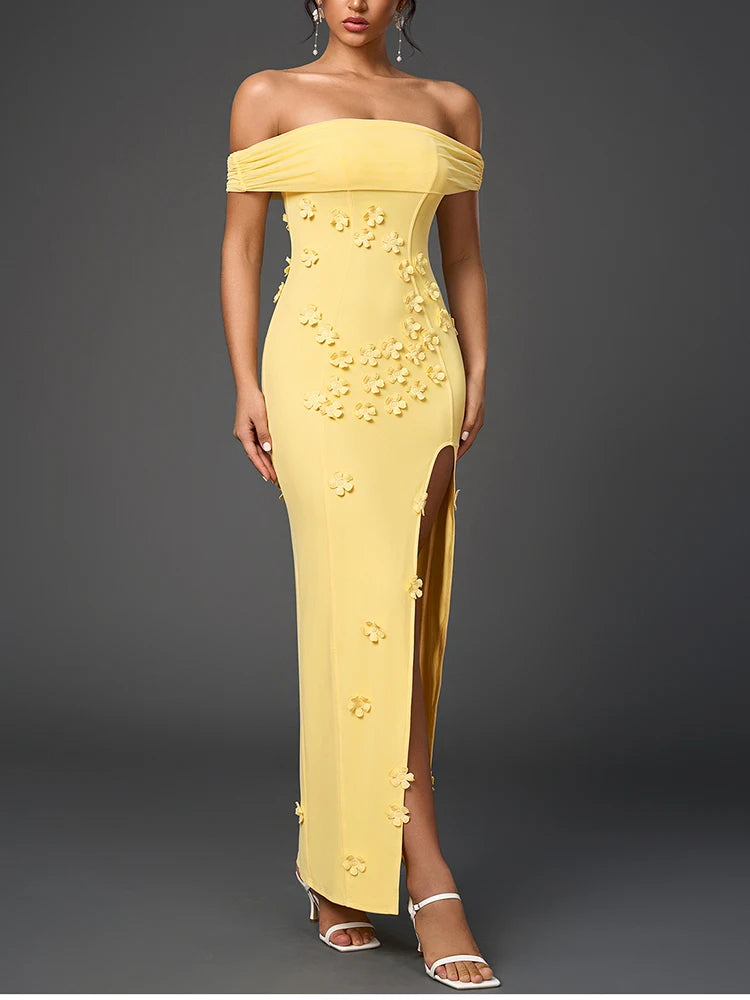 Yellow Gown with Floral Appliques and Side Slit | Elegant Dresses