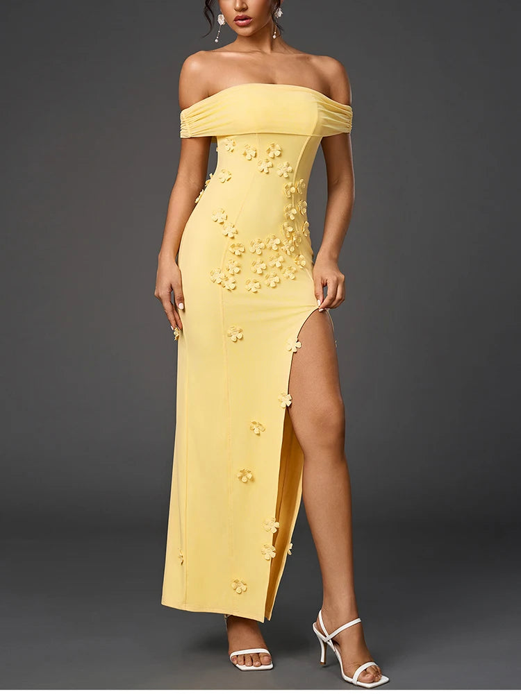 Yellow Gown with Floral Appliques and Side Slit | Elegant Dresses