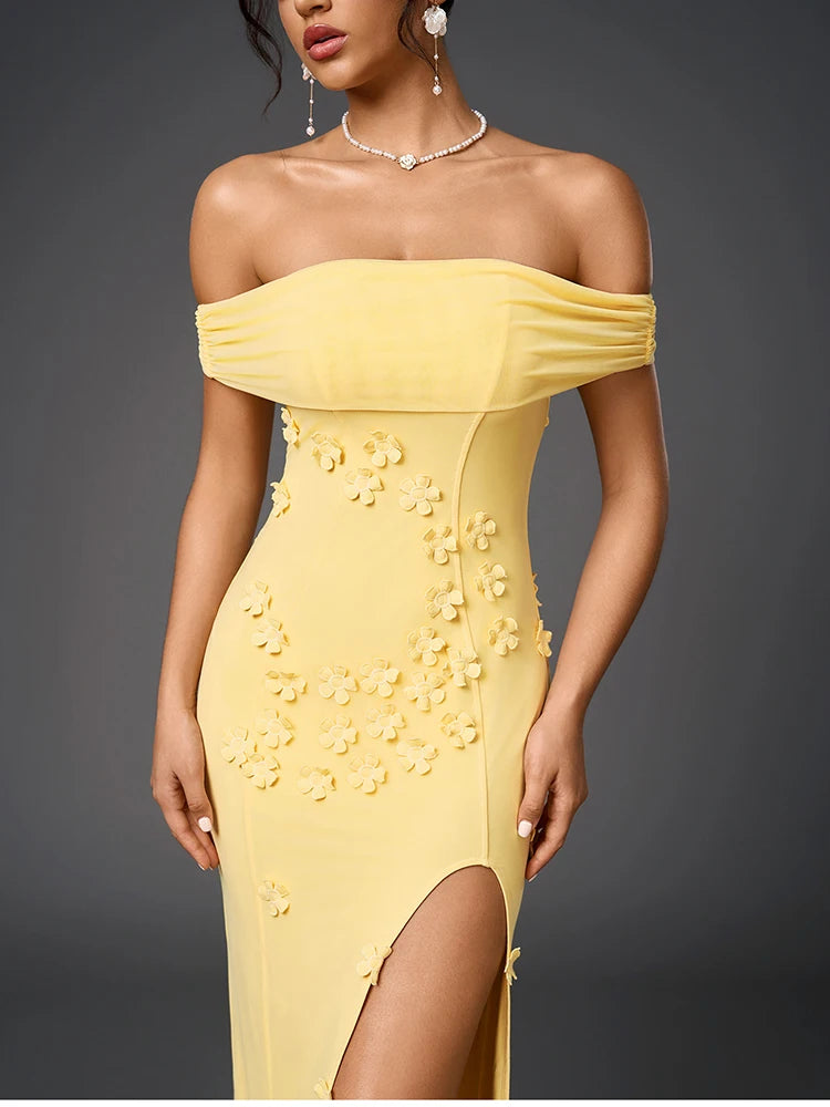 Yellow Gown with Floral Appliques and Side Slit | Elegant Dresses