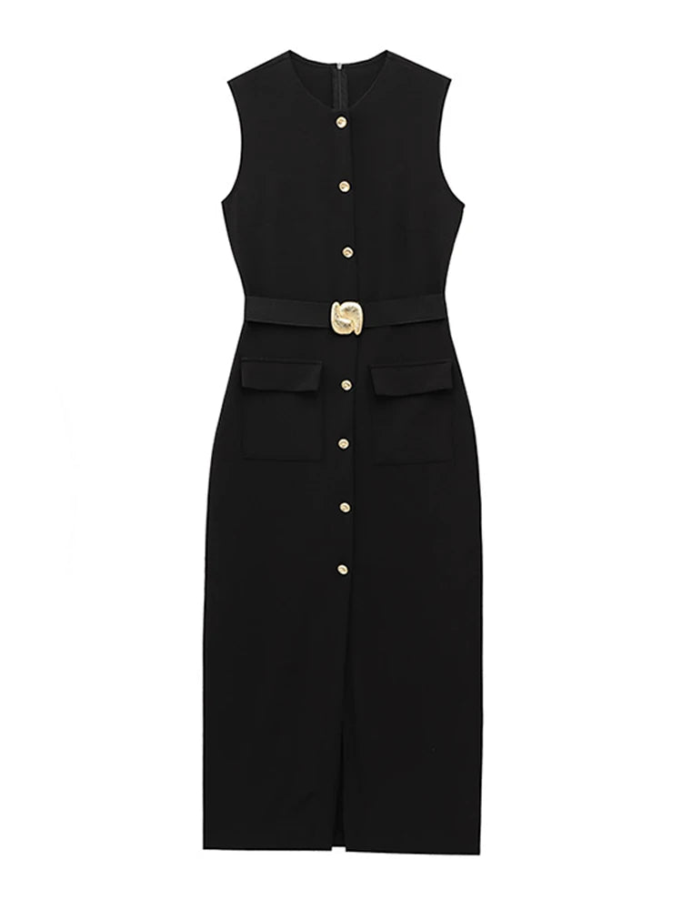 Sleeveless Business Dress with Pockets | Buttoned Dresses