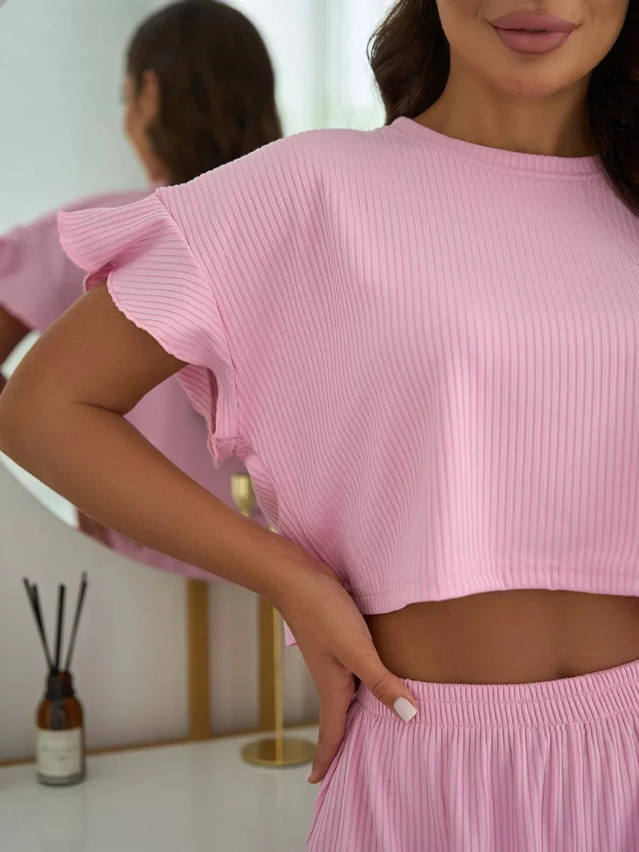 Playful Pink Crop Top & Shorts Loungewear - Casual and Cute | Loungewear