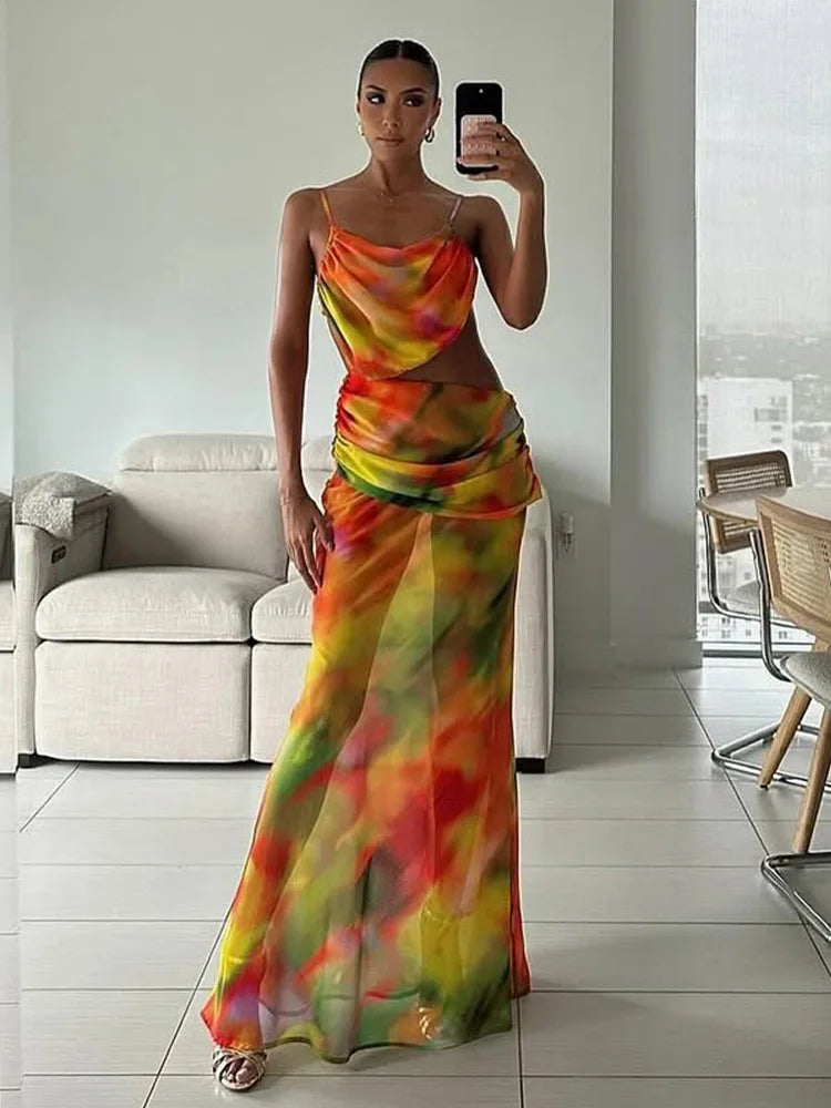 Colorful Backless Maxi Dress for Beach Parties in Chiffon