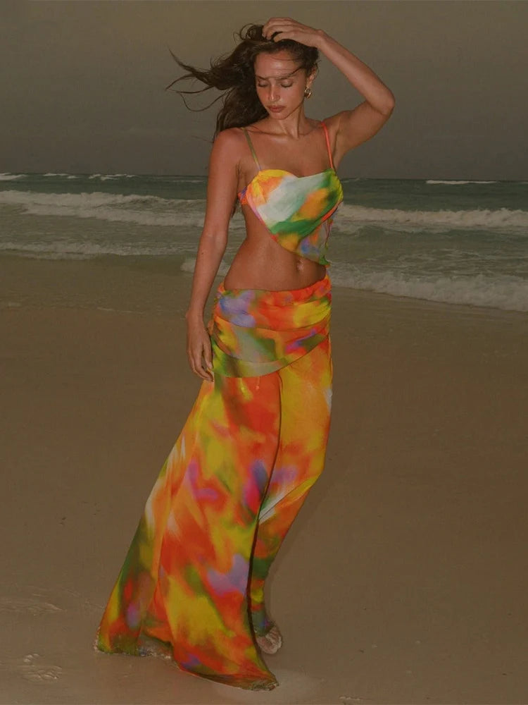 Colorful Backless Maxi Dress for Beach Parties in Chiffon | Skirts set