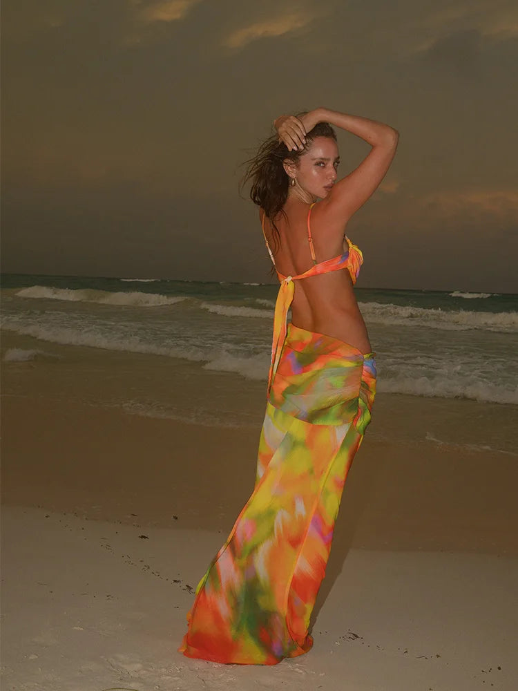 Colorful Backless Maxi Dress for Beach Parties in Chiffon | Skirts set