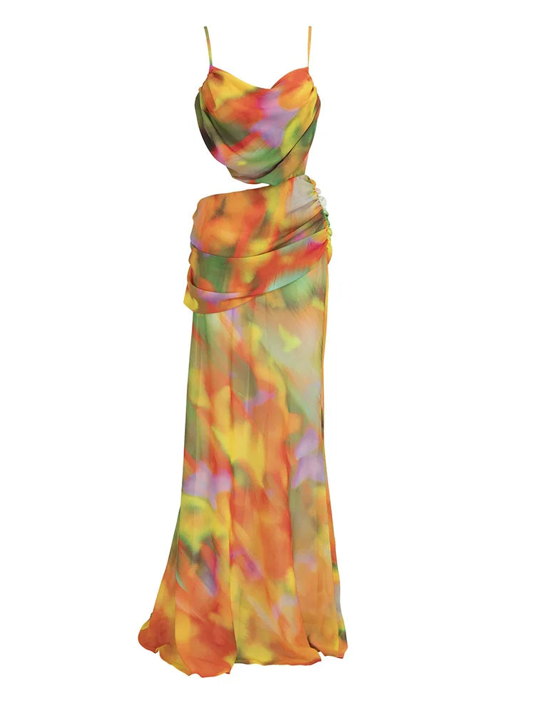 Colorful Backless Maxi Dress for Beach Parties in Chiffon | Skirts set