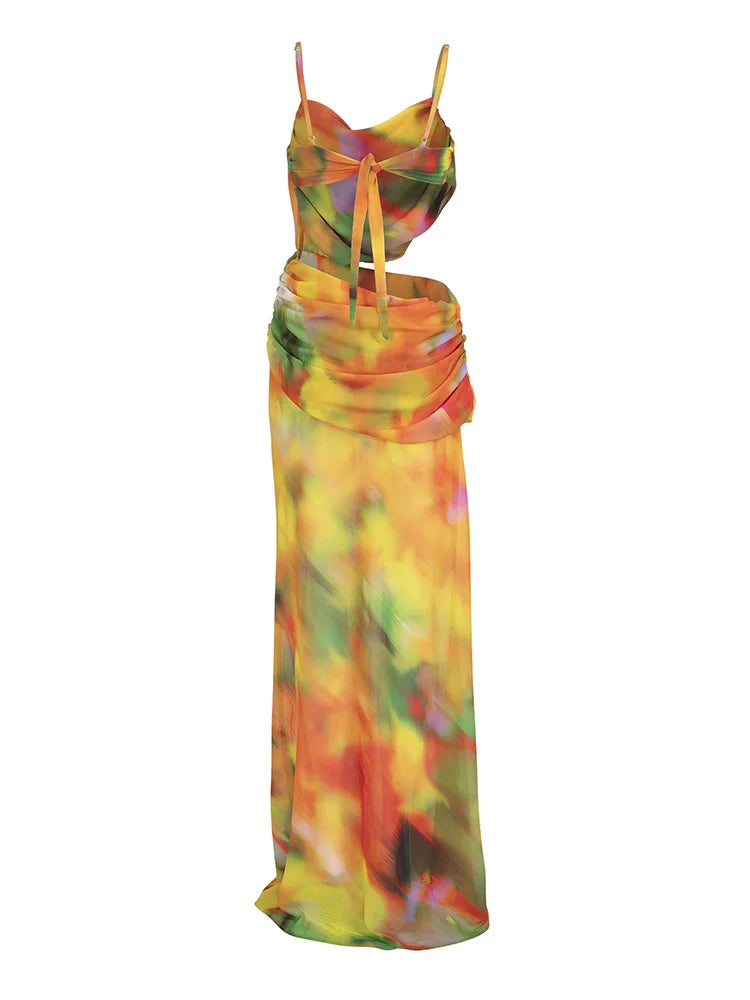 Colorful Backless Maxi Dress for Beach Parties in Chiffon | Skirts set