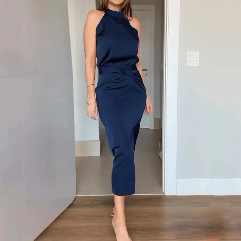 Blue Satin Outfit for Cocktail Parties - Halter &amp; Midi Skirt | Skirts set