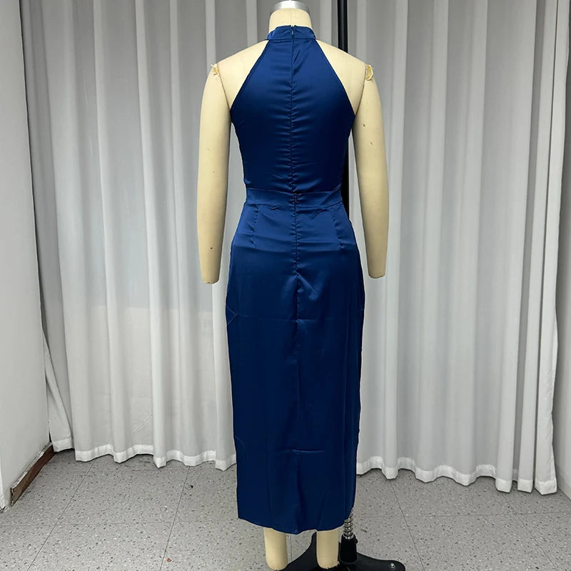 Blue Satin Outfit for Cocktail Parties - Halter &amp; Midi Skirt | Skirts set