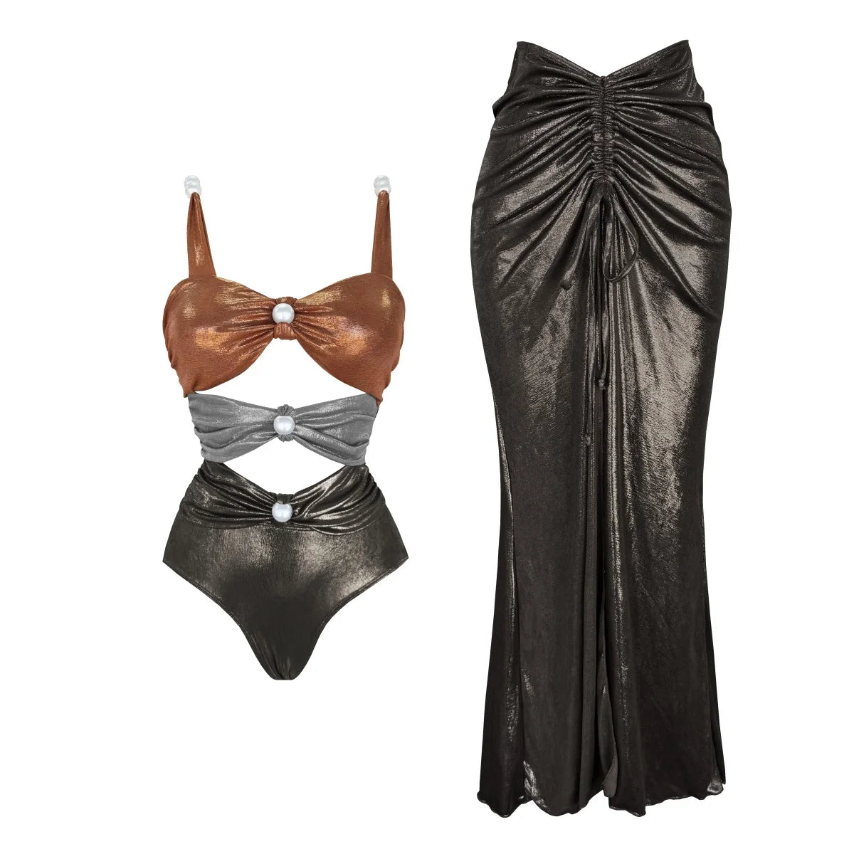 Metallic Swimsuit Set Luxe Gold & Copper One-Piece & Skirt