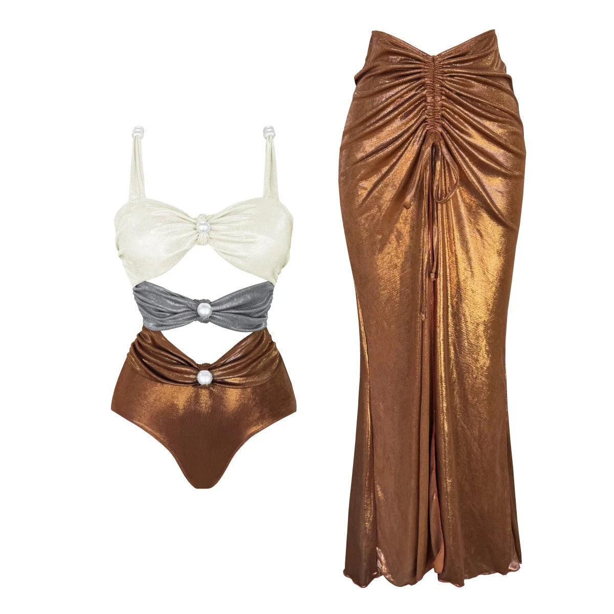 Metallic Swimsuit Set Luxe Gold & Copper One-Piece & Skirt | Metallic Swimwear