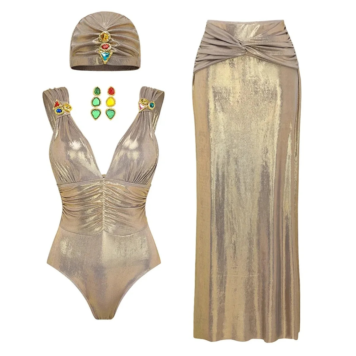 Metallic Swimsuit Set Luxe Gold & Copper One-Piece & Skirt | Metallic Swimwear