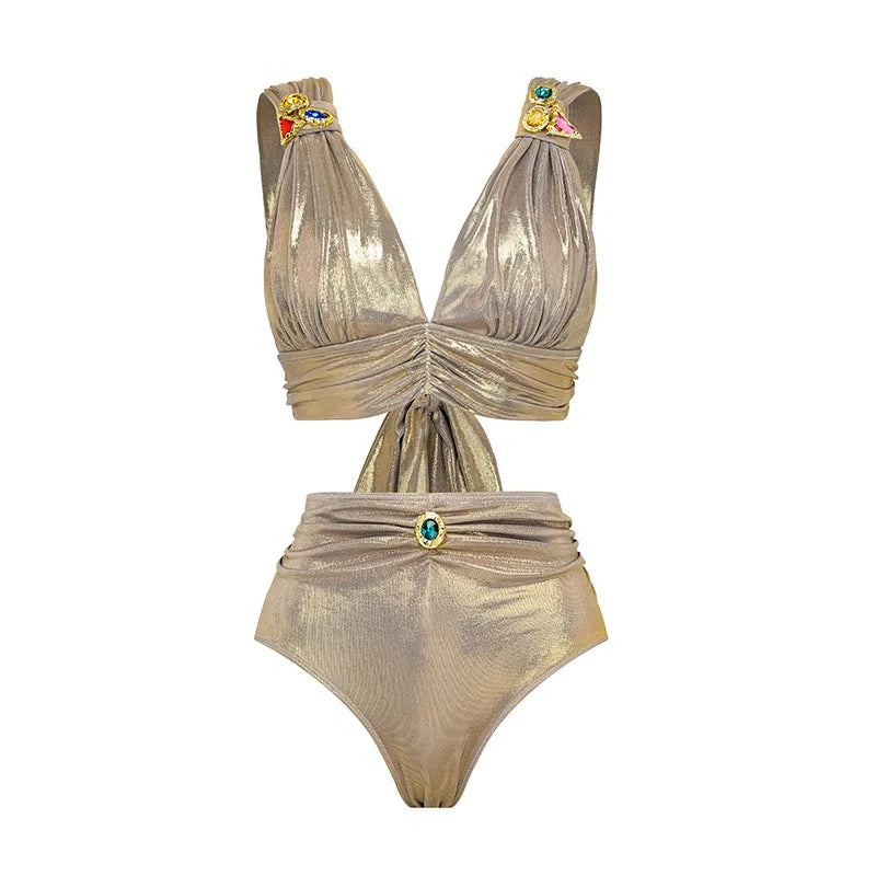 Metallic Swimsuit Set Luxe Gold & Copper One-Piece & Skirt | Metallic Swimwear