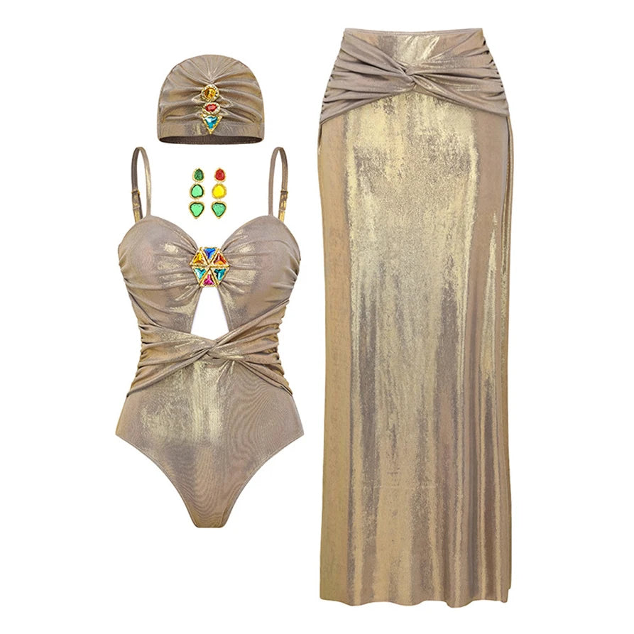 Metallic Swimsuit Set Luxe Gold & Copper One-Piece & Skirt | Metallic Swimwear