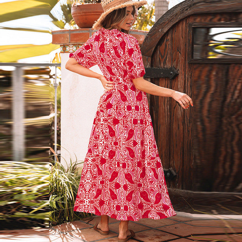 Vibrant Red Floral Boho Dress | Maxi Length with Pockets | A-Line Dresses