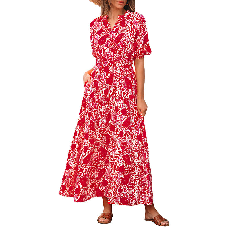 Vibrant Red Floral Boho Dress | Maxi Length with Pockets | A-Line Dresses