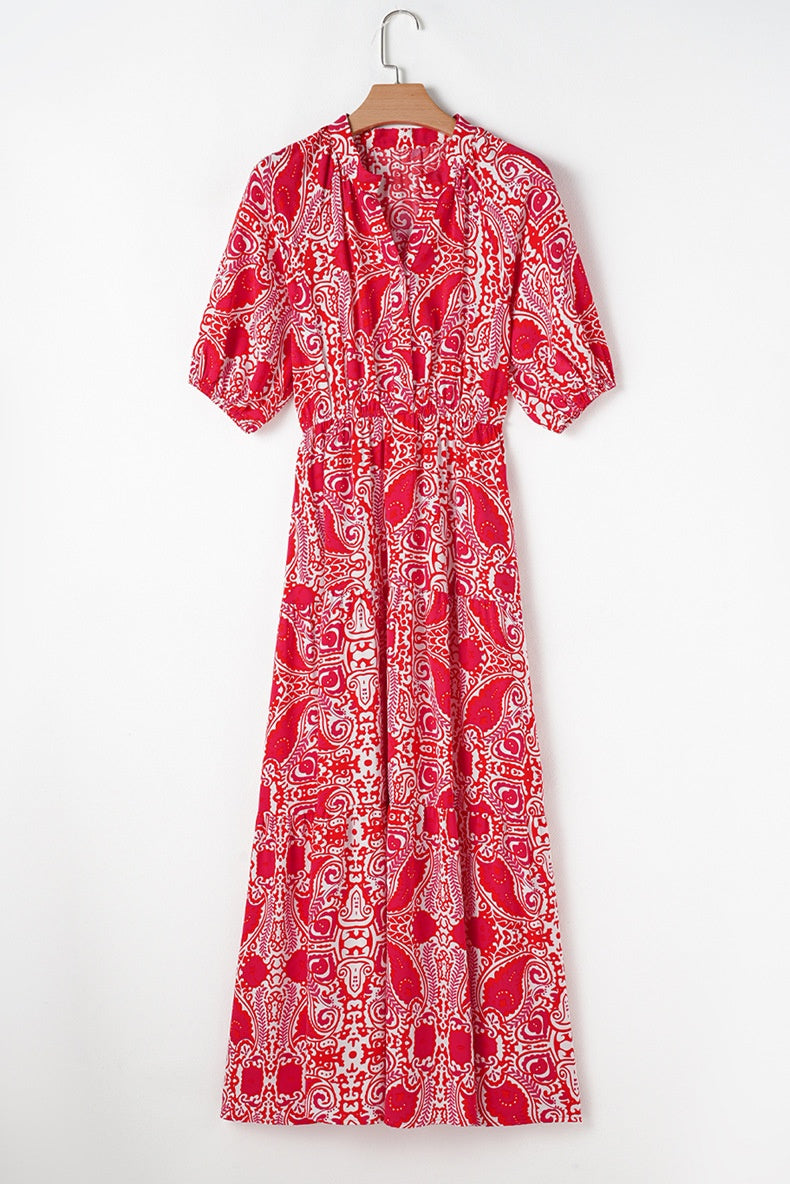 Vibrant Red Floral Boho Dress | Maxi Length with Pockets | A-Line Dresses