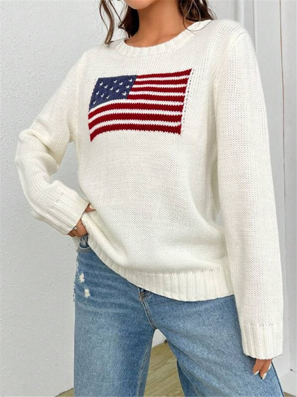 Autumn Long Sleeve Knit Top with American Flag Print | Patriotic Sweater