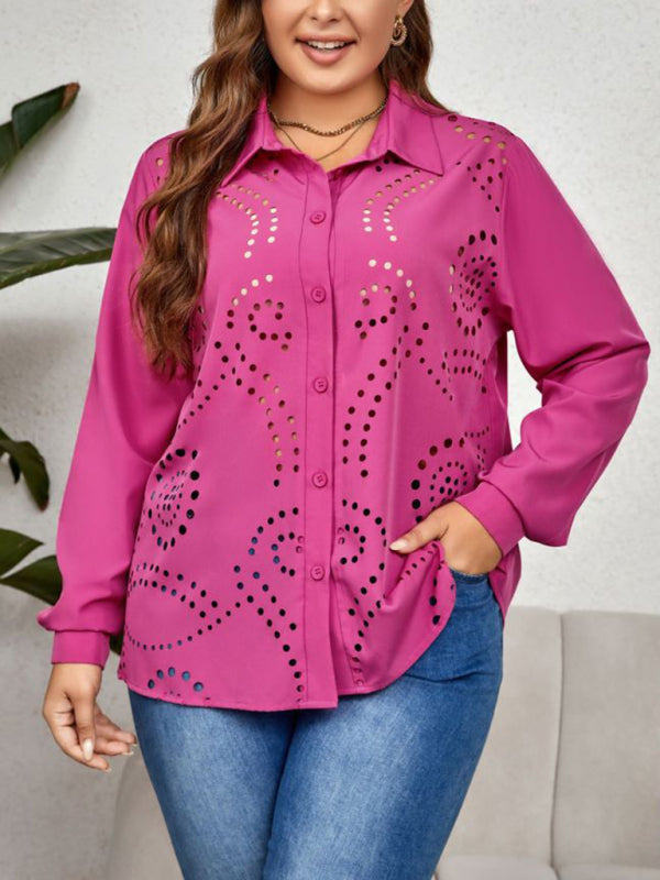 Plus Size Long Sleeve Button-Up Shirt with Holes Detail