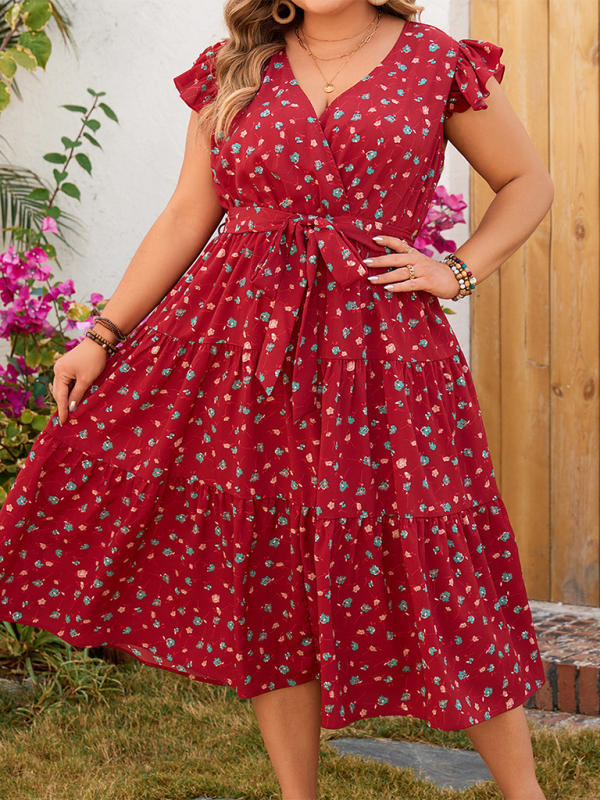 Flowy Floral A-Line Plus Size Midi Dress with Belt