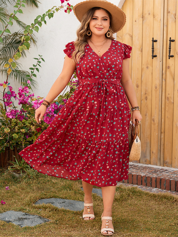 Flowy Floral A-Line Plus Size Midi Dress with Belt | Curvy Dresses