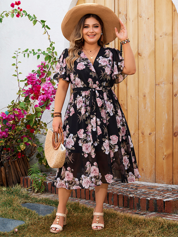 Plus Size Floral A-Line Belted Midi Dress for Summer Events