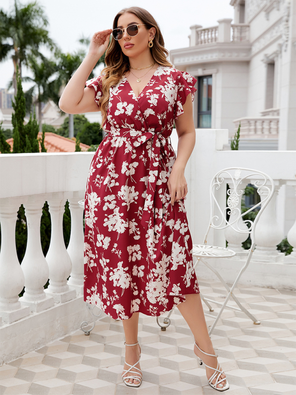 Plus Size Floral Print A-Line Belted Midi Dress | Curvy Dresses