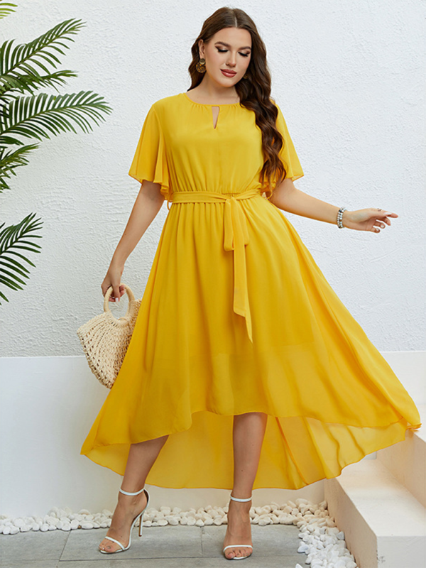 Women's Bright Yellow Midi Dress with Flutter Sleeves