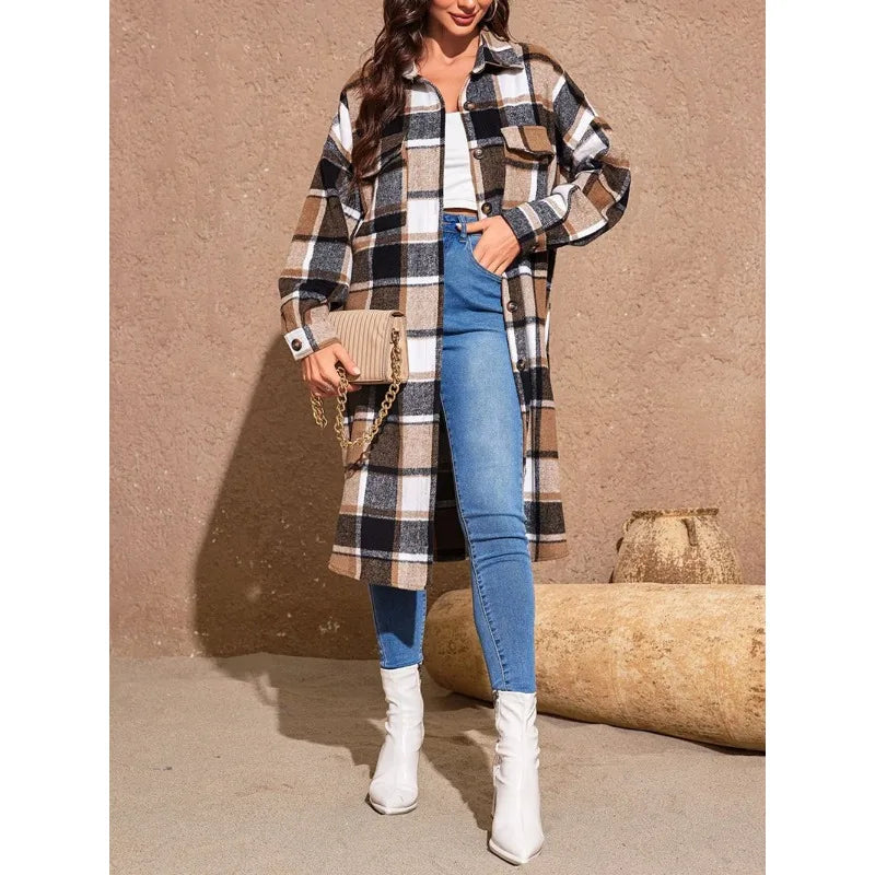 Plus Size Relaxed Fit Plaid Longline Coat for Women | Coats