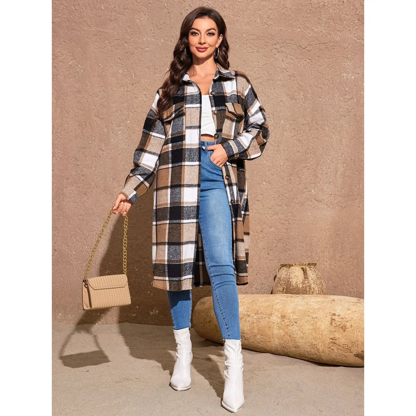 Plus Size Relaxed Fit Plaid Longline Coat for Women | Coats