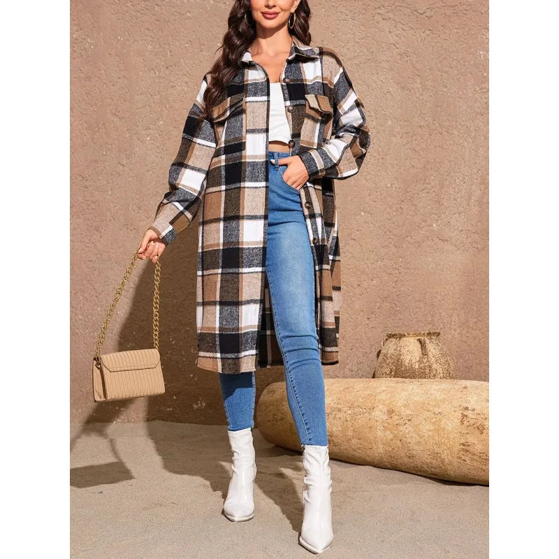 Plus Size Relaxed Fit Plaid Longline Coat for Women