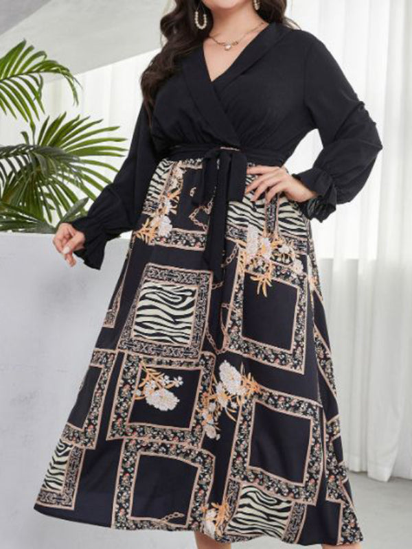 Plus Size Color Block Midi Dress with Long Sleeves