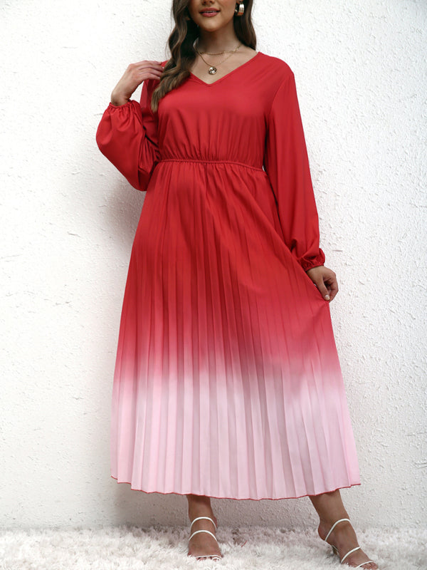 Elegant Gradient Pleated Blouson Dress with Long Sleeves